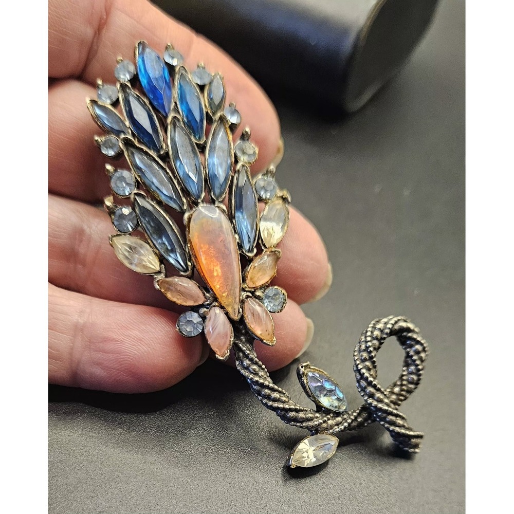 Florenza Vintage Black Rhodium Pink & Blue Rhinestone Lava Glass Flower Pin